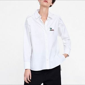 NWT Zara Basic Logo White Button Down Shirt Size M